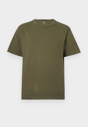 Olive green short-sleeve cotton T-shirt with crew neckline, smooth texture, and regular fit.
