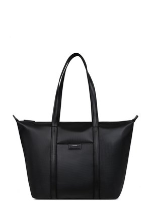 Borsa a spalla nera in materiale testurizzato, con doppio manico superiore, forma non strutturata e una piccola etichetta logo frontale.