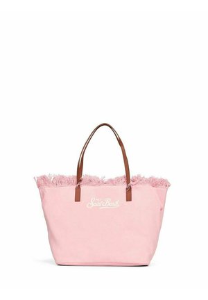 Borsa a mano rosa con bordo superiore sfrangiato, manici marroni e logo bianco "MC2 Saint Barth" centrato sul davanti.