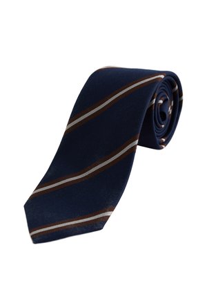 Mørkeblå slips med diagonale brune og hvide striber, pænt rullet sammen på en hvid baggrund.