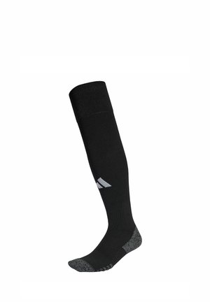 Czarna sportowa skarpeta do kolan, z szarymi częściami na palcach i pięcie, z białym logo na łydce.