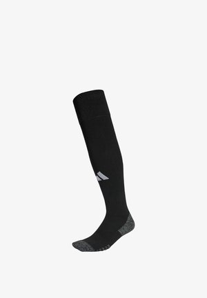 Czarna sportowa skarpeta do kolan, z szarymi częściami na palcach i pięcie, z białym logo na łydce.