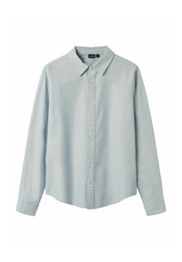 Lichtblauwe blouse met lange mouwen, knoopsluiting aan de voorkant, klassieke kraag en een zachte stofstructuur. Heeft subtiele stiksels en een afgeronde zoom.