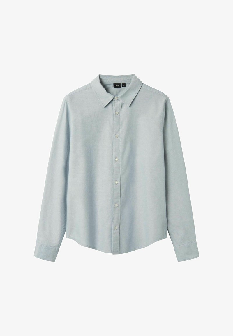 Šviesiai mėlyna ilgų rankovių marškiniai su mygtukų užsegimu, klasikinis apykaklė ir minkšta audinio tekstūra. Yra subtilus siuvinėjimas ir apvalūs kantai.