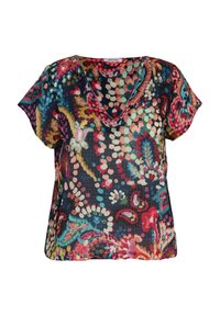 Blusa de manga corta y corte holgado con un patrón floral multicolor sobre un fondo oscuro. Fabricada en tejido ligero y texturado.