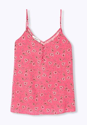 Top caraco rose à motif floral avec fines bretelles, boutons recouverts de tissu à l’avant, et petit motif de fleurs rouges et blanches.