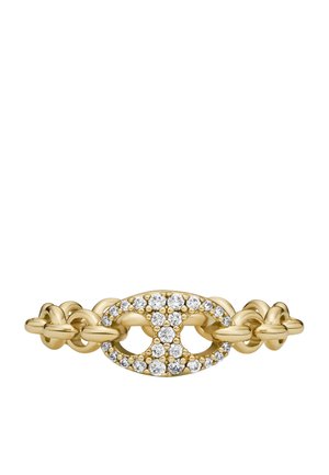 Gold bracelet with interlocking chain links and a central oval-shaped link adorned with small round diamonds.