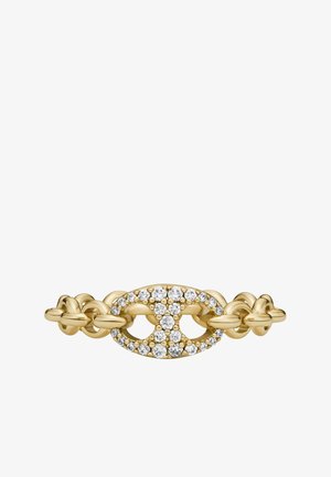 Pulseira de ouro com elos de corrente entrelaçados e um elo central em forma oval adornado com pequenas pedras redondas de diamante.