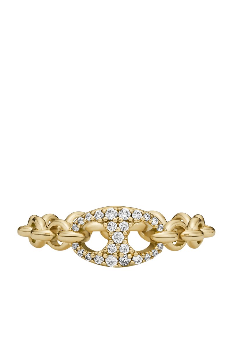 Zlati zapestnica z medsebojnimi povezovalnimi členki in osrednjim ovalnim členkom, okrašenim z majhnimi okroglimi diamanti.