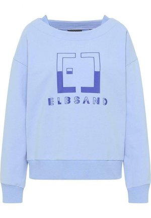 Jasnoniebieska bluza z długim rękawem, z prążkowanymi mankietami i dołem, z fioletowym geometrycznym logo i napisem "ELBSAND" na przodzie.