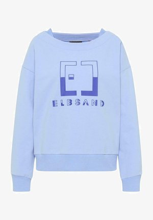 Sudadera azul claro de manga larga con puños y bajo acanalados, con un logo geométrico morado y la palabra "ELBSAND" en el frente.