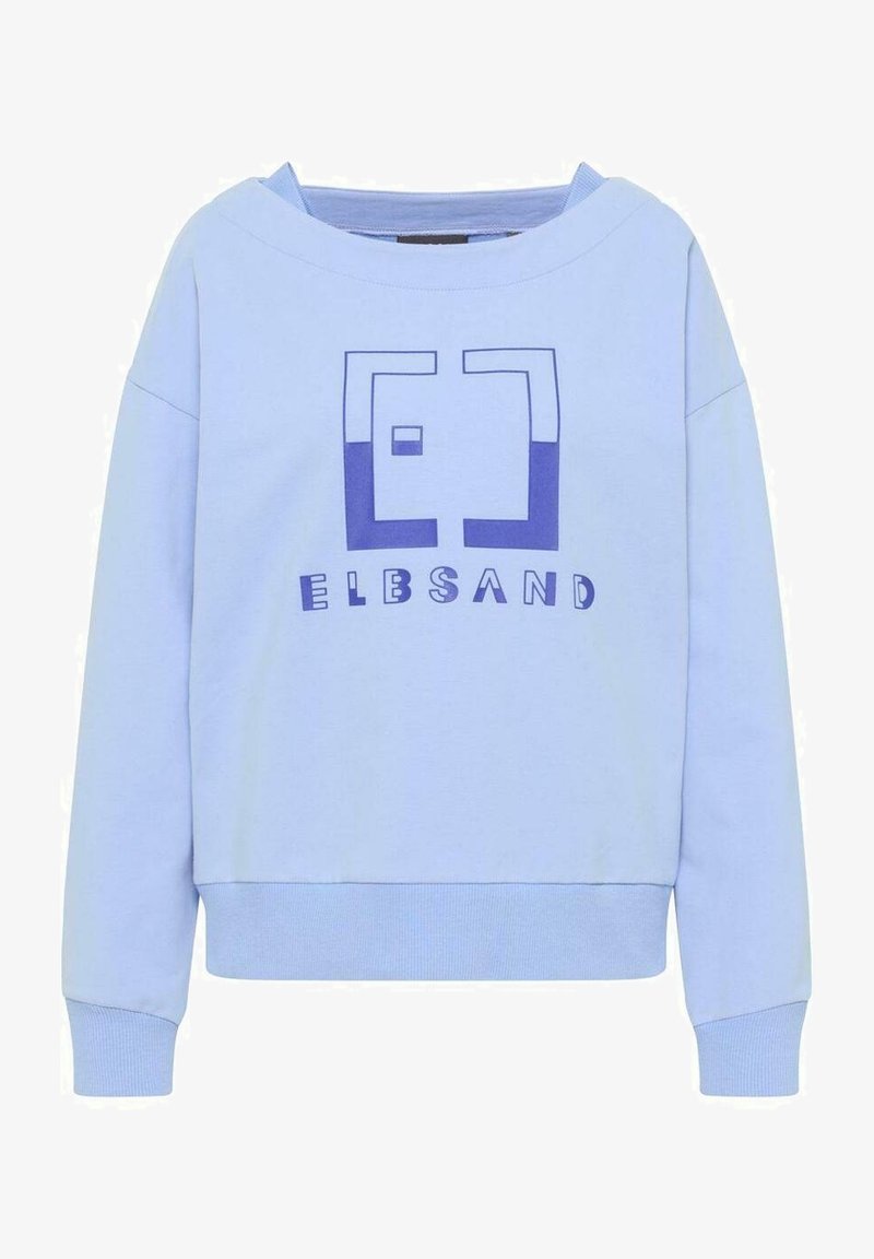 Sweat-shirt bleu clair à manches longues avec poignets et ourlet côtelés, avec un logo géométrique violet et le mot "ELBSAND" sur le devant.