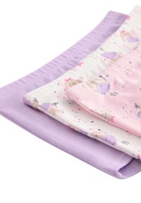 Paquet de trois sous-vêtements pour enfants en violet clair, rose avec des motifs ludiques, et blanc avec des graphismes colorés. Matière en coton douce.