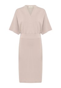 Helles rosa Kleid mit kurzen, lockeren Ärmeln, einem V-Ausschnitt und einer taillierten Taille. Aus weichem Stoff mit einer glatten Textur. Knielanges Design.