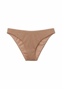 Brauner Bikini-Slip aus strukturiertem Material, mit einem tief sitzenden Design und einem glatten, satinartigen Innenfutter.