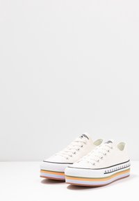 Canvas-sneakers med vit överdel, svarta detaljer och en färgglad randig sula i flera pastellnyanser. Rund tå och snörningsdesign.