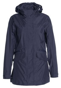 Veste imperméable bleu marine avec capuche, fermeture éclair frontale, deux poches poitrine zippées et poches latérales couvertes par un rabat.