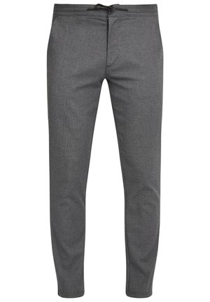 Grå mønstrede bukser med en tekstureret stof, der har en elastisk talje, snørrelukning og tapered ben.