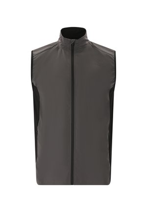 Mænds ærmeløs vest, grå hovedstof, sorte sidelapper, høj krave, frontlynlås, letvægtsmateriale, velegnet til lagdeling.
