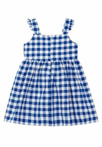 Jurk in een blauw-witte ruitpatroon, met gefronte schouderbanden, een getailleerd lijfje en een uitlopende rok.