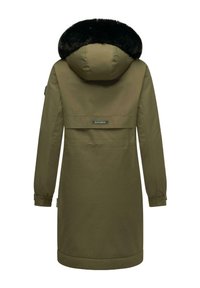 Olive green parka with a faux fur-lined hood, long sleeves, and a cinched waist. Features a branded label and seamless back design.