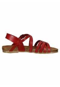 Sandalia de cuero roja con múltiples tiras entrelazadas, plantilla de corcho y suela de goma. Cuenta con una correa ajustable para un ajuste seguro.