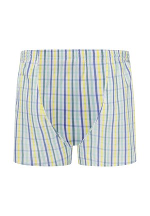 Boxershorts i lättviktsmaterial med ett flerfärgat rutig mönster i gult, grönt och lila samt en elastisk midja.