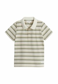 Gestreiftes Poloshirt in sanften Grüntönen und Creme. Verfügt über einen flachen Kragen, eine Drei-Knopf-Leiste und eine weiche Textur. Die horizontalen Streifen variieren in der Breite.