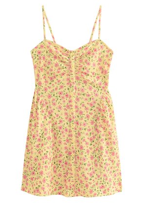 New Look, YELLOW CRINKLE TEXTURE STRAPPY FLORAL PRINT RUCHED MINI DRESS - Vestido informal - orange yellow pattern