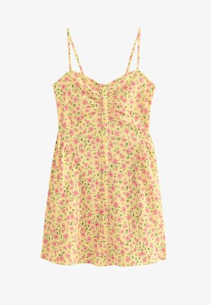 New Look, YELLOW CRINKLE TEXTURE STRAPPY FLORAL PRINT RUCHED MINI DRESS - Vestido informal - orange yellow pattern