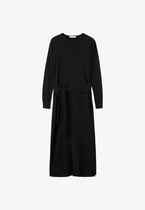 Zwarte jurk met lange mouwen gemaakt van zachte stof, met een ronde halslijn en een gestrikte ceintuur in de taille, met een losse pasvorm en een rechte zoom.