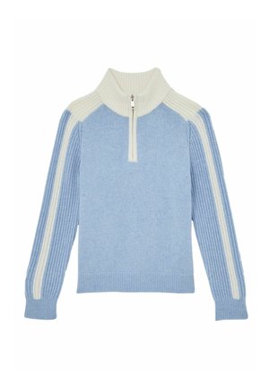 Pulover tricotat albastru deschis cu accente albe, guler înalt și fermoar scurt. Dispune de textură cu dungi pe mâneci și tiv.