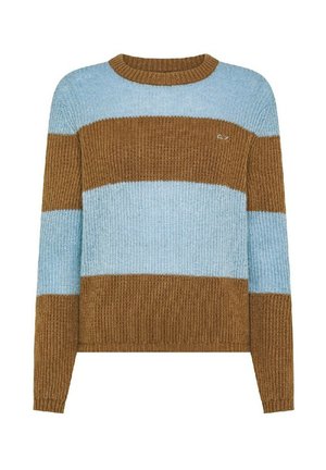 Maglione a righe marroni e blu con una texture a coste, dotato di scollatura a girocollo e polsini aderenti. Un piccolo logo è ricamato sul petto.