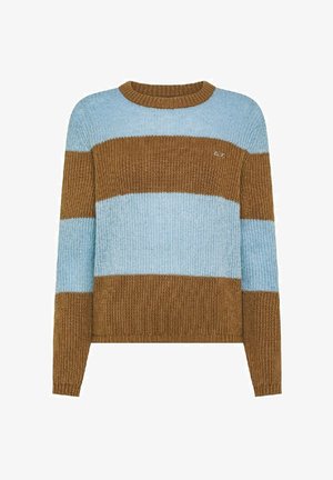 Maglione a righe marroni e blu con una texture a coste, dotato di scollatura a girocollo e polsini aderenti. Un piccolo logo è ricamato sul petto.