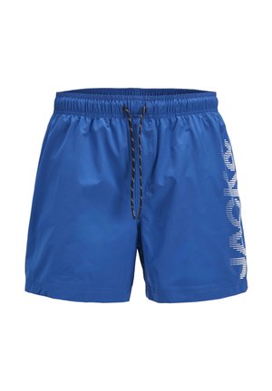 Bañador azul hecho de material ligero, con una cintura elástica con cordón y un patrón gráfico blanco en el lateral.