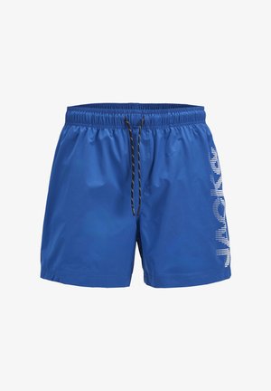 Shorts de bain bleus en matériau léger, dotés d'une taille élastique avec cordon de serrage et d'un motif graphique blanc sur le côté.