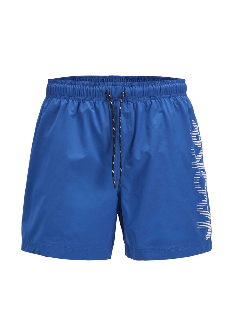 Shorts de bain bleus en matériau léger, dotés d'une taille élastique avec cordon de serrage et d'un motif graphique blanc sur le côté.