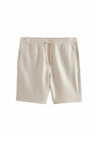 Shorts en mélange de coton beige avec une taille élastique, un cordon de serrage et des poches latérales. Dispose d'une texture lisse et d'une coupe décontractée.