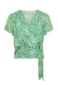 Top avvolgente verde a fiori con maniche corte a sbuffo. Presenta un motivo botanico bianco e un nodo laterale fissato con un anello dorato. Tessuto leggero.