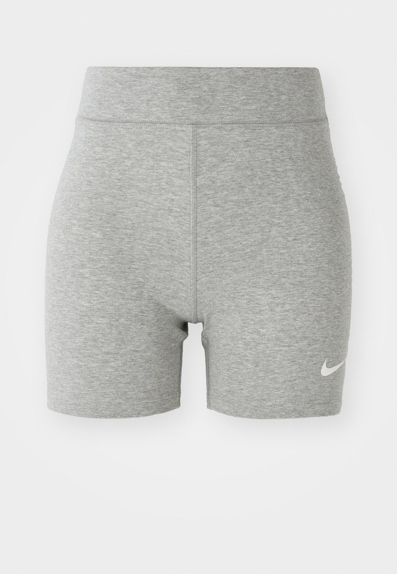 Shorts de sport gris en tissu doux, dotés d'une taille haute et d'un petit logo Nike blanc en bas à gauche.