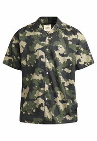Camicia a maniche corte con bottoni, in un motivo camouflage verde e nero, realizzata in tessuto leggero, con colletto da campeggio e orlo arrotondato.