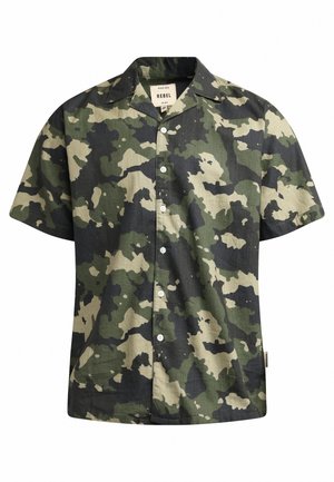 Kurzärmliges, knöpfbares Hemd im grün-schwarzen Camouflage-Muster, aus leichtem Stoff, mit einem Camp-Kragen und abgerundetem Saum.