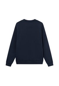 Tengerészkék pulóver, hosszú ujjak, kerek nyakú, bordás mandzsettával és alsó résszel, sima textúrájú, minimalista dizájn, látható márkázás nélkül.