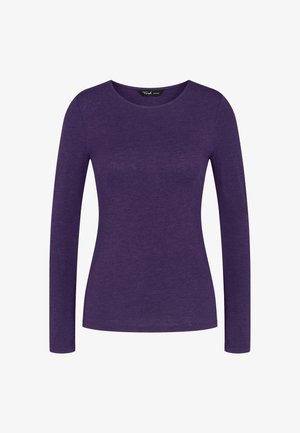 Maglietta aderente da donna a maniche lunghe di colore viola con scollo rotondo, presentata frontalmente su uno sfondo bianco.