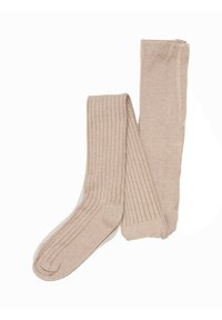 Beige geribbelde panty's van een zacht materiaal, met een gladde textuur en een versterkte teen. Lichtgewicht en lichaamsvormende ontwerp.