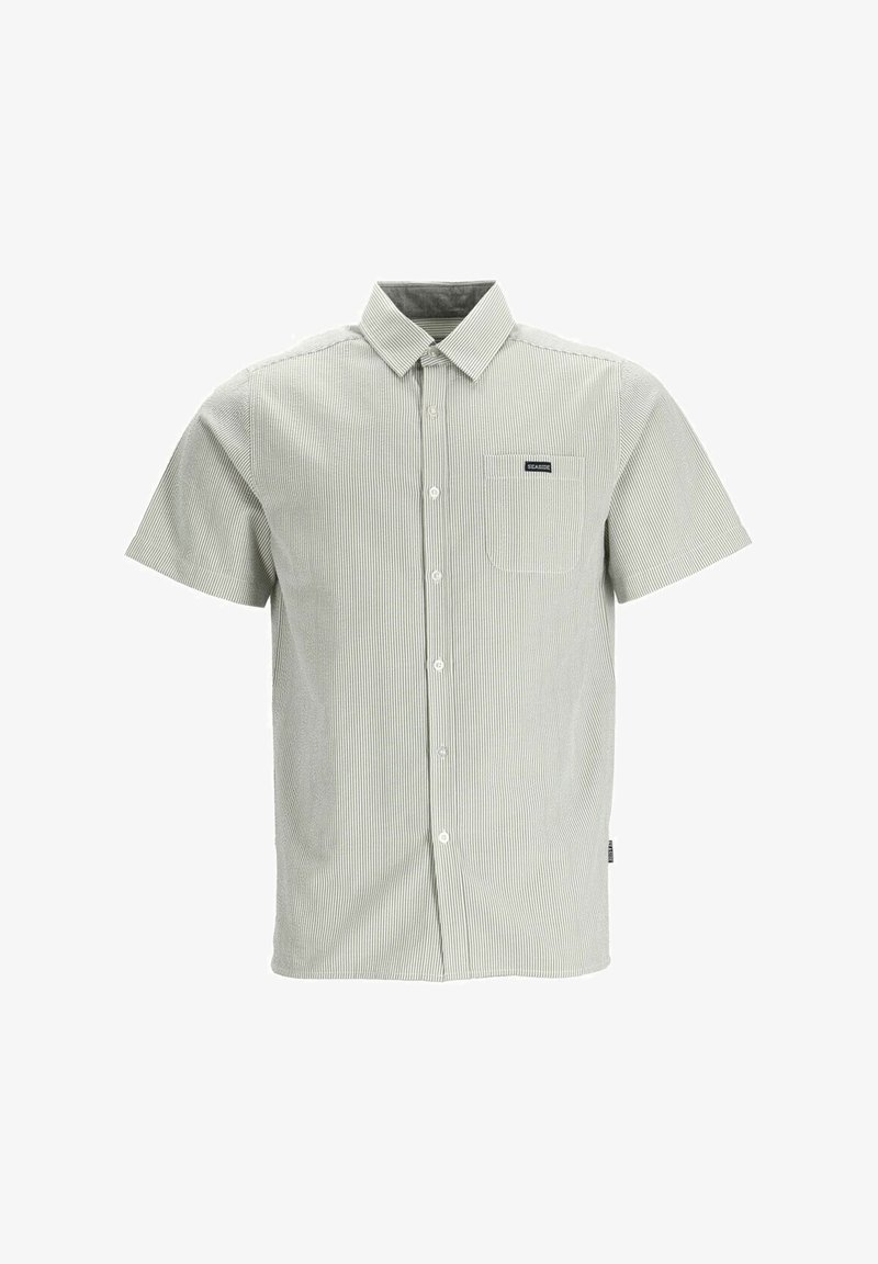 Korte mouwen overhemd in lichtgroen met witte verticale strepen, knoopsluiting aan de voorkant, een klein borstzakje en een ontspannen pasvorm.