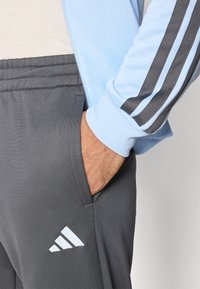 Calças atléticas cinzentas com logótipo branco da Adidas. Parte superior azul claro com fecho éclair, apresentando design de três riscas cinzentas escuras nas mangas.