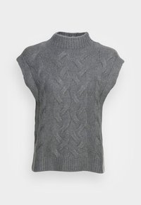 Harmaa neulepusero, jossa korkea kaulus, lyhyet hihat ja kohokuvioitu letityskuvio. Pehmeä materiaali, istuva malli ja resorireuna.