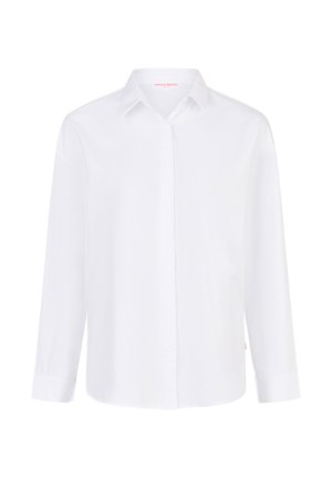 Witte langemouwen shirt van gladde stof, met een klassieke kraag, een voorkant met knoopsluiting en subtiele geborduurde details op de borst.
