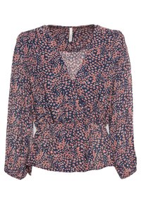 Blusa floreale blu navy con piccoli fiori rosa e bianchi, scollatura a V, maniche lunghe, fascia in vita elastica e tessuto leggero e trasparente.